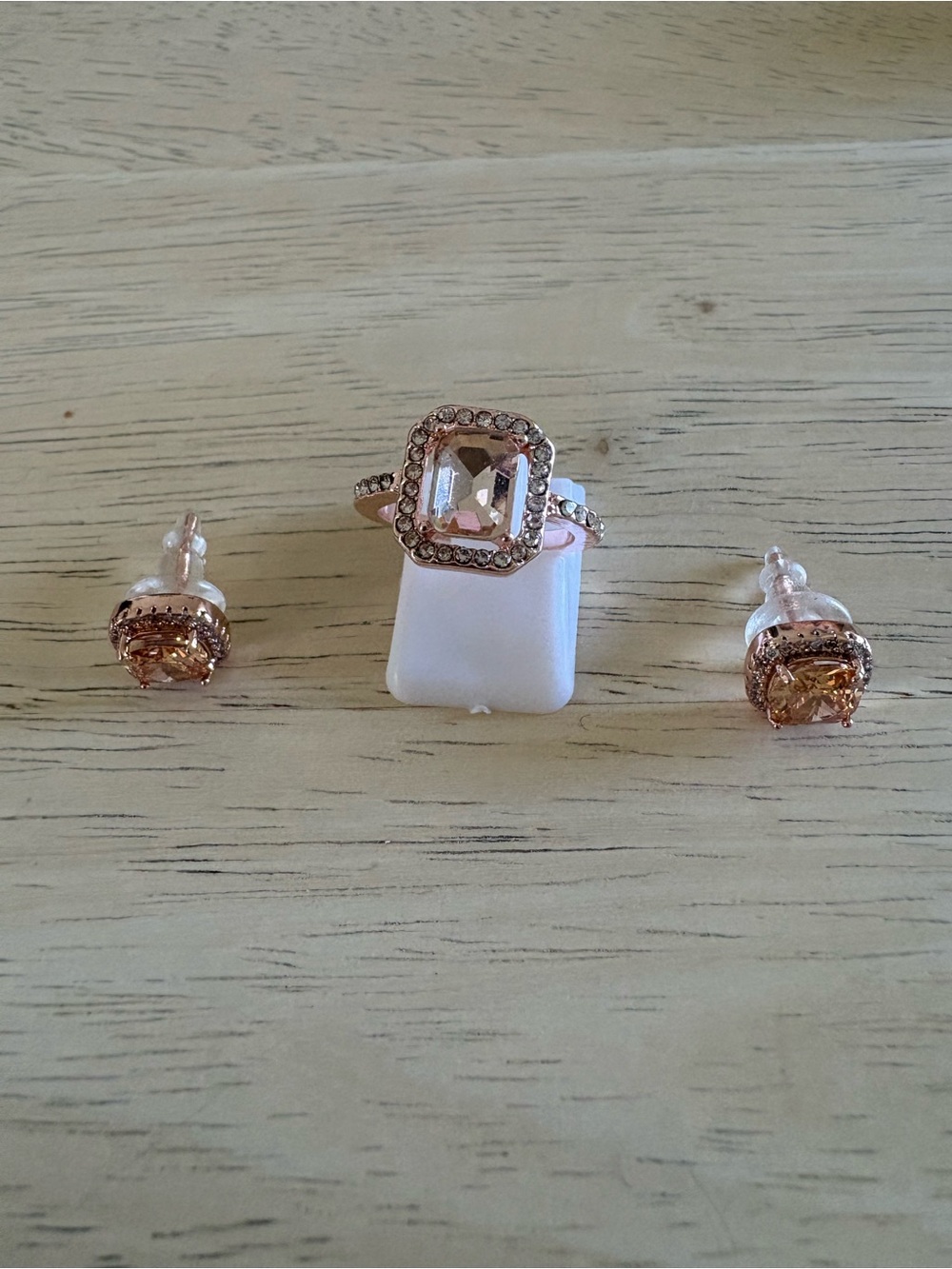 Rose Gold Halo Ring with Pink-Cream Center Stone